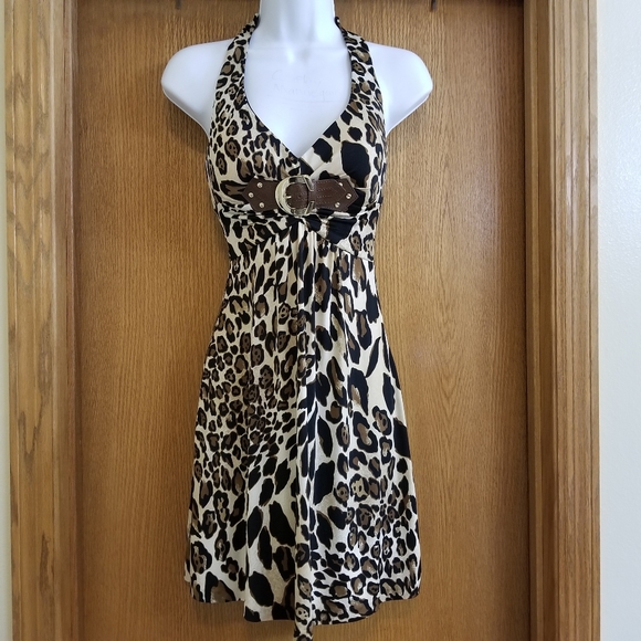 Y2K Cache Leopard Print Halter Dress XS - Picture 2 of 9